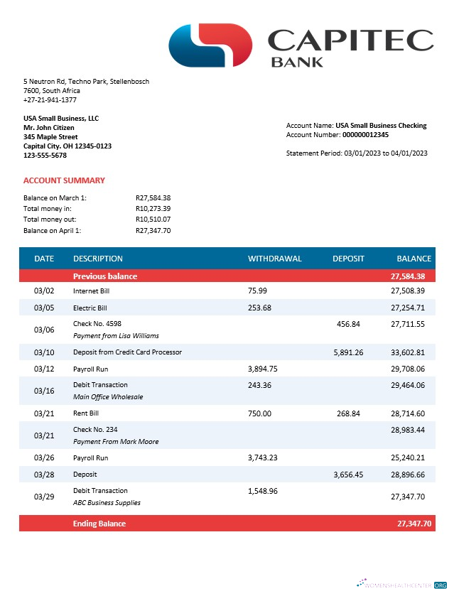 Download Capitec Bank firm account statement Word and PDF template Photoshop template